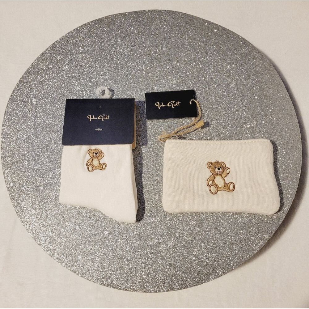 John Galt Embroidered Teddy Bear Ankle Socks and Coin Purse 2 Piece Set New